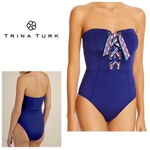 New. Trina Turk navy bandeau lace front swimsuit. Size 4. Retails $149